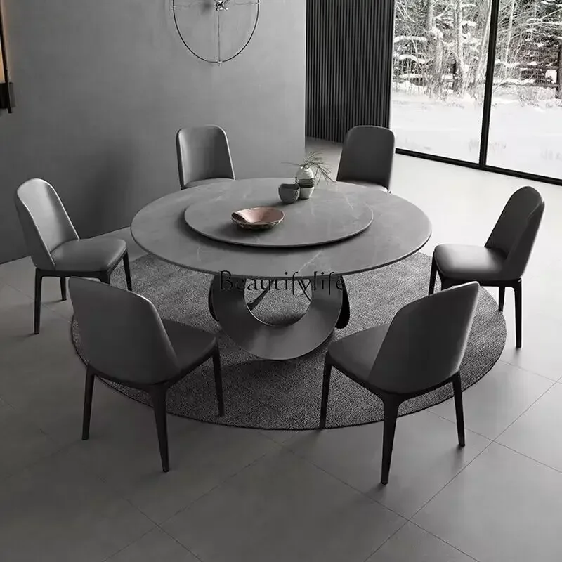 88.Mild Luxury Marble Large round Table Modern Minimalist round Stone Plate Dining Table with Turntable