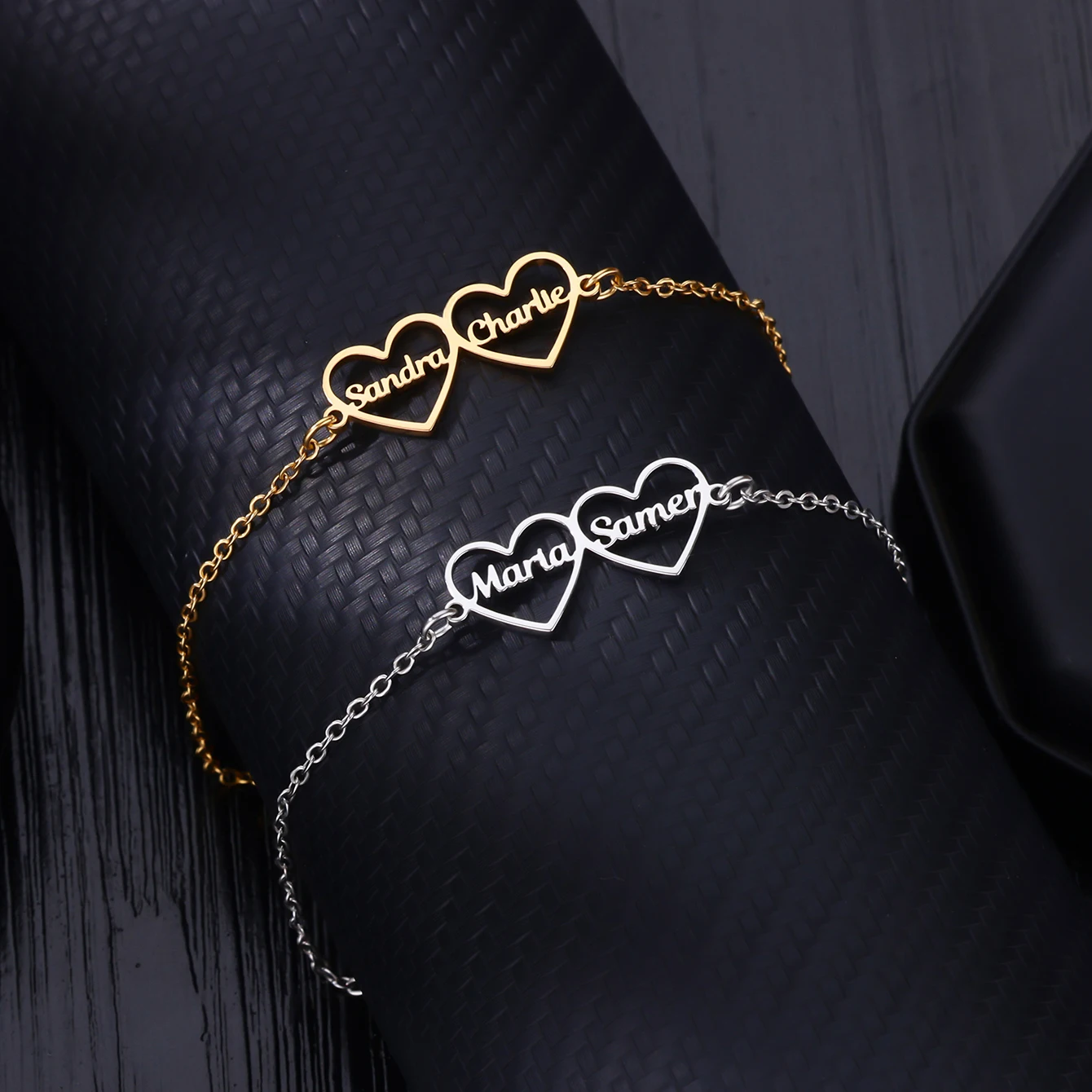 Custom Double Hearts Two Names Bracelets For Women Stainless Steel Customized Bracelet Personalized Wrist Chain Jewelry Gift