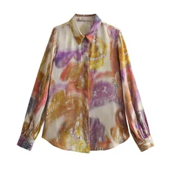 2024ZAR4 Summer New Women's European and American Style Long sleeved Lapel Layered Tone Printed Silk Satin Texture Shirt