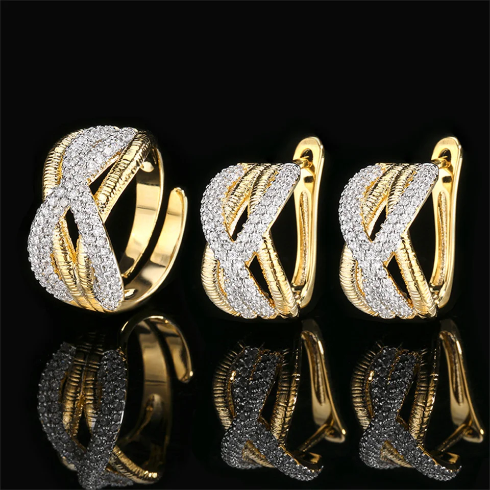 

Luxury Elegant Full-diamond Brushed Earring Rings Set Opening Stylish Gold-tone Stainless Steel Ring And Earrings Jewelry Gifts
