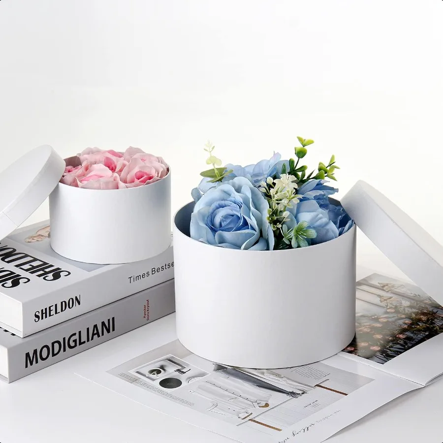 Runde Geschenkboxen mit Deckel, Blumenboxen für Arrangements, weiße runde Boxen, 4er-Set, ineinander steckbare Geschenkboxen mit Deckel für Blumen, Ar