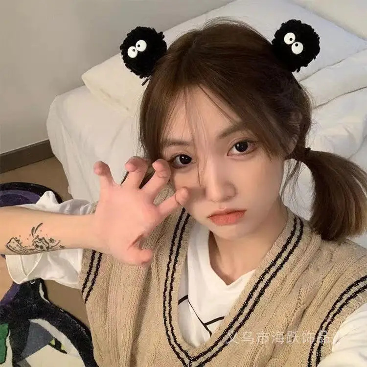 2Pcs Cute Black Coal Ball~Knocking Cute Plush Cartoon Hair Clip Cute Girl Versatile Side