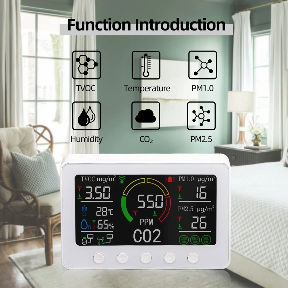 Tuya Wi-Fi Smart Air Quality Monitor Temperature Humidity Sensor CO2 PM2.5 PM1.0 TVOC Formaldehyde Detector  Accurate NDIR CO2