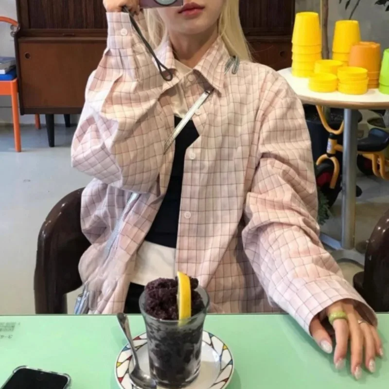 

Polo Collar Contrast Color Plaid Loose Long-sleeved Shirt Women 2025 Autumn New Korean Single-breasted Patchwork Casual Tops