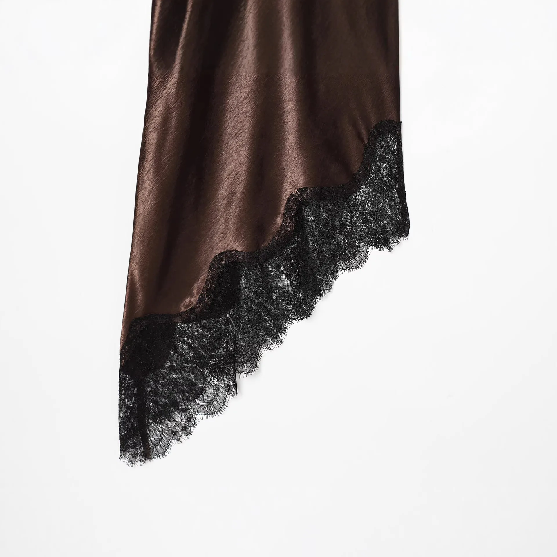 PRINTKAOIR Abito sottoveste in raso marrone da donna estivo con finiture in pizzo nero cinturino per spaghetti orlo asimmetrico elegante abito da sera