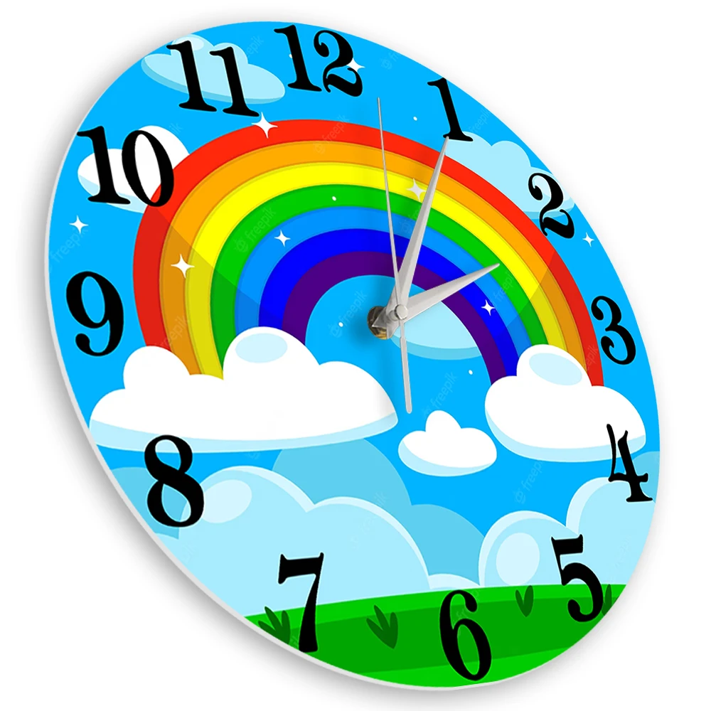 Cartoon Sunny Rainbow Wall Clock for Kids Playroom Nursery Blue Sky Clouds Home Decor Timepieces Silent Non Ticking Wall Clock