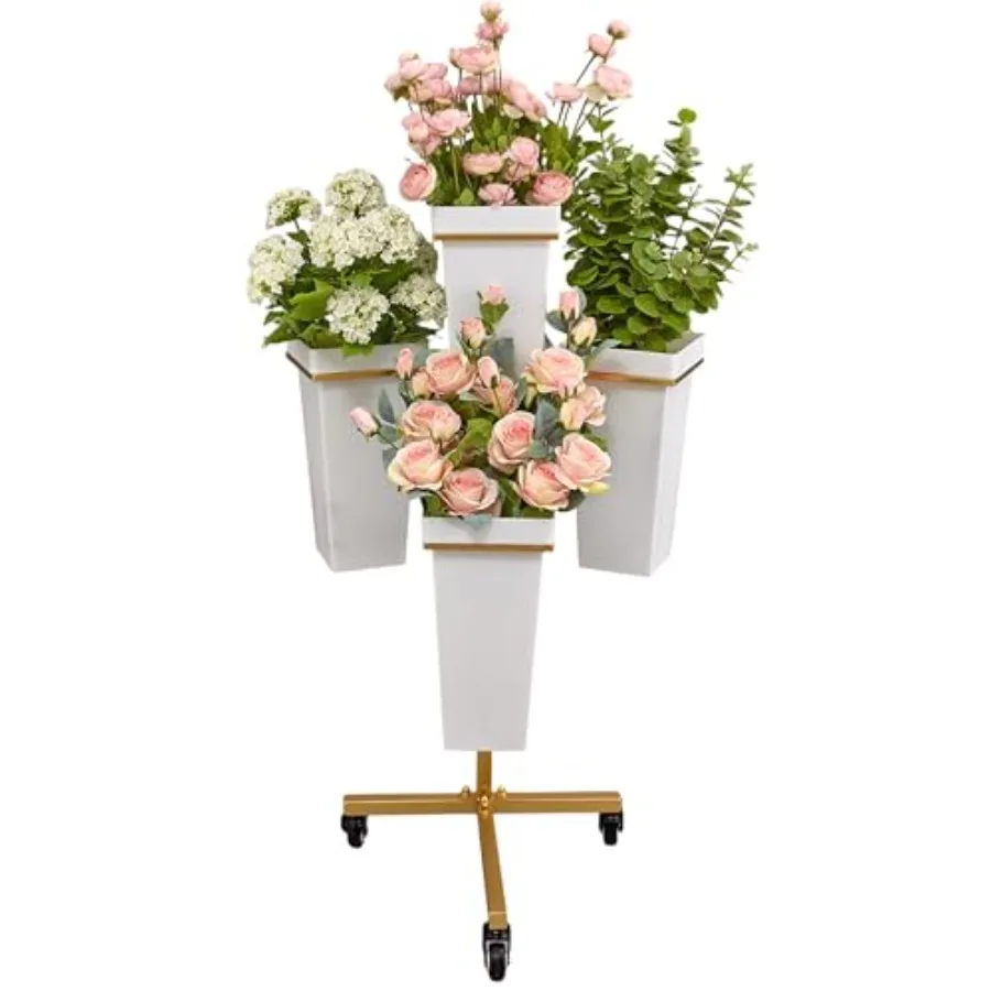 

Flower Display Stand with Buckets - Flower Cart with Wheels for Bouquet Shop, Metal Flower Rack Display Stand for Wedding Garde