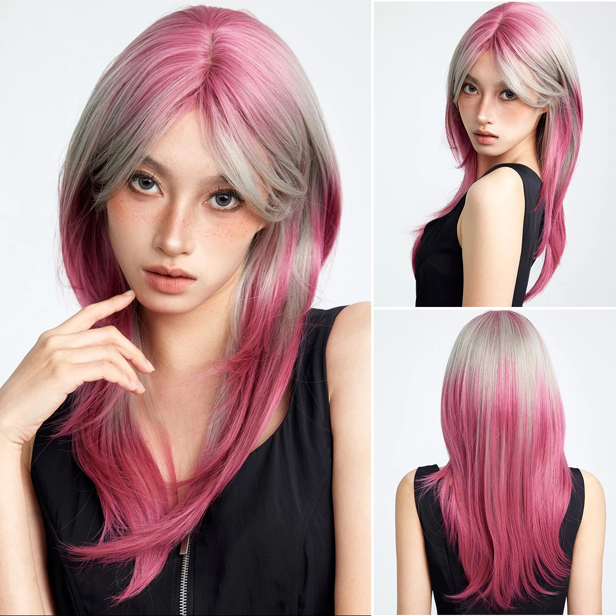 Lolita Party Pink Wig Daily Fashion Women\'s Lace Wig Grey Pink Imported High Temperature Silk Women\'s Straight Hair