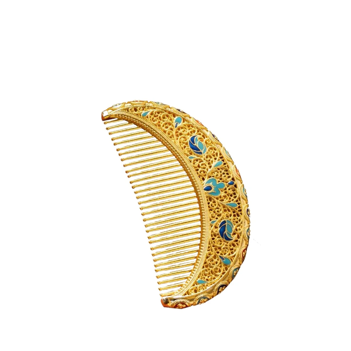 Oriental Filigree Enamel Copper Alloy Hair Comb, Elegant Retro Hair Jewelry Gift