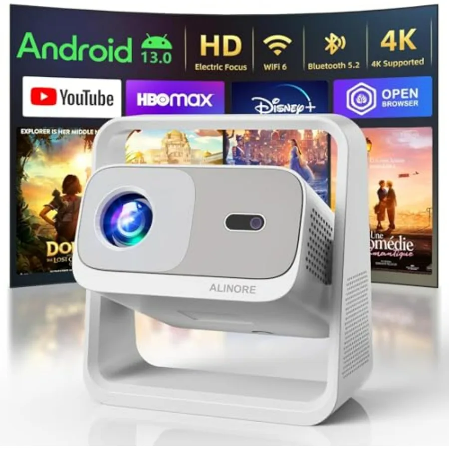 

Портативный уличный проектор с Wi-Fi и Bluetooth, электрической фокусировкой, автоматической коррекцией трапецеидальных искажений, разрешением 1080P и поддержкой 4K, белый цвет