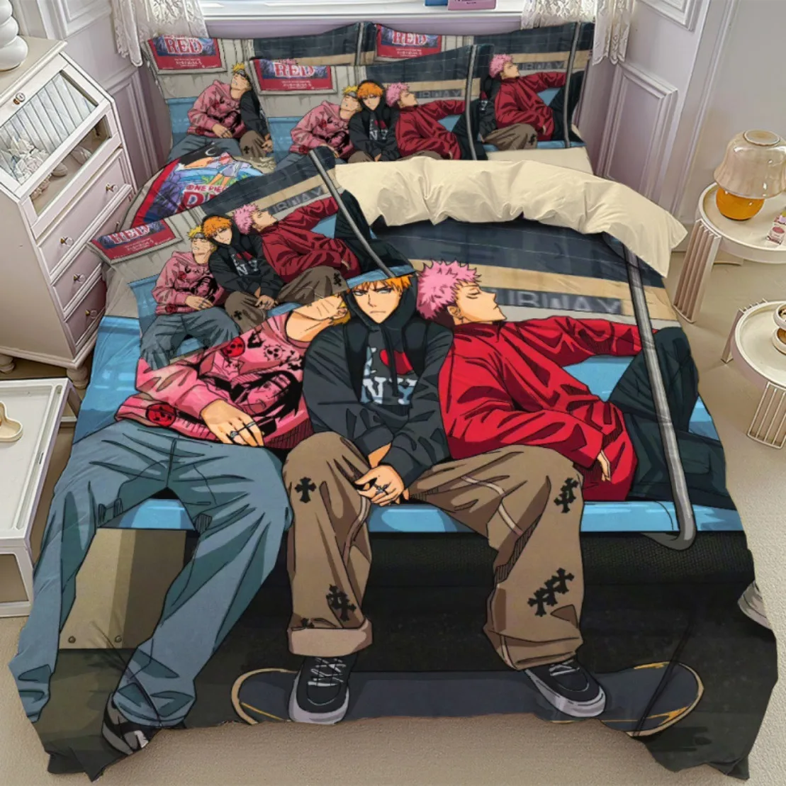 Juego de cama japonés famoso Gojo Satoru, funda nórdica de Anime Jujutsu Kaisen, decoración de funda de almohada para niños y adolescentes, regalo de vacaciones