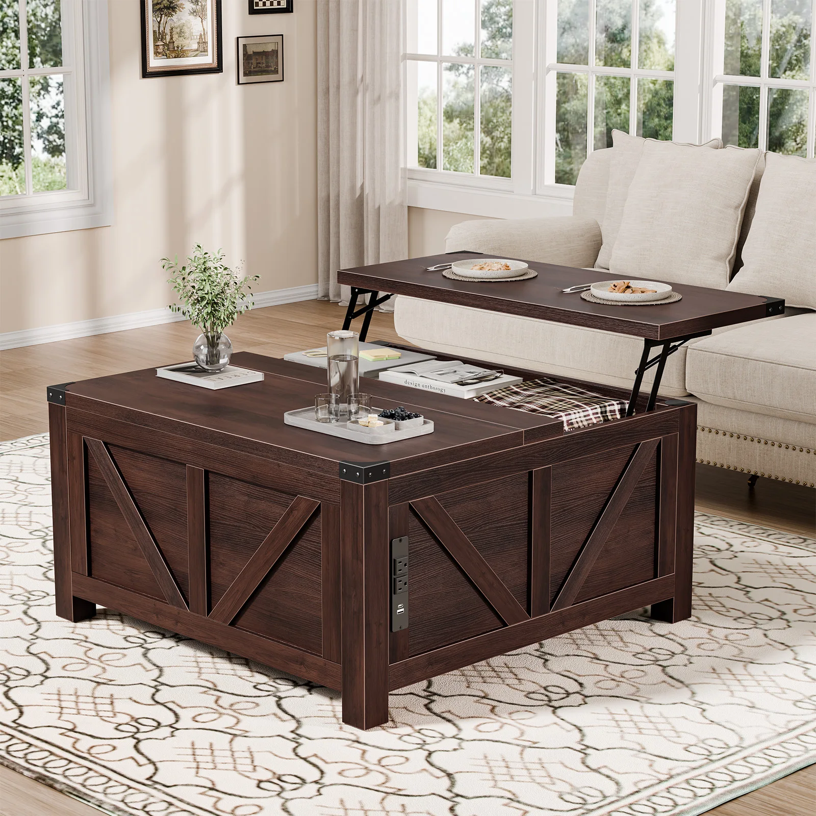 JHK 35.6IN Lift Top Coffee Table with Charging Station and Storage Shelf Easy Lift Or Lower Square Wood Table with USB/Type-C AC Outlets Hidden Storage for Living Room Home Office