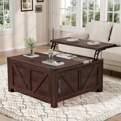 JHK 35.6IN Lift Top Coffee Table with Charging Station and Storage Shelf Easy Lift Or Lower Square Wood Table with USB/Type-C AC Outlets Hidden Storage for Living Room Home Office
