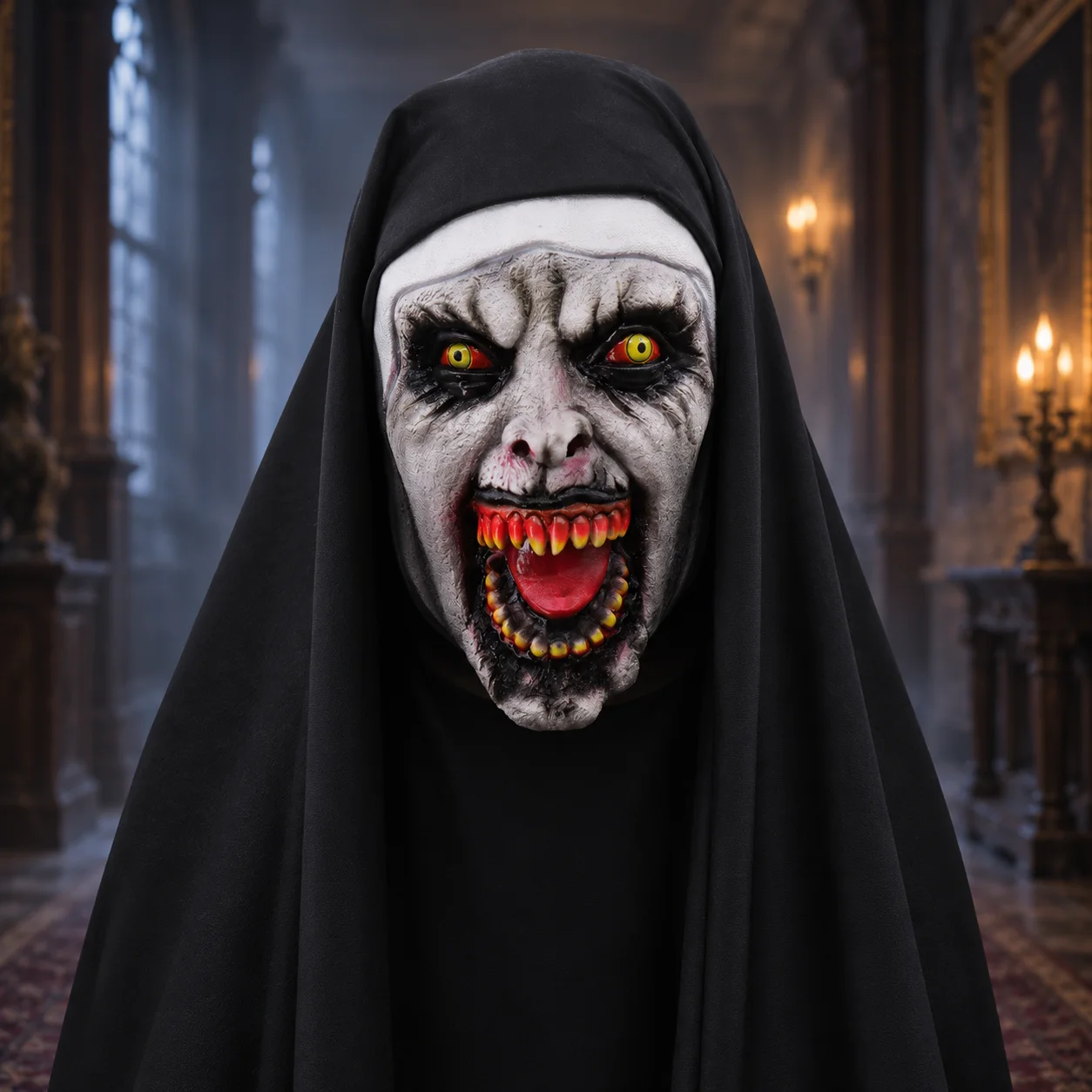 Máscara de terror con capucha, ojos amarillos y colmillos, ideal para fiestas de disfraces de Halloween y eventos en casas encantadas. Luce un aspecto escalofriante al entrar.