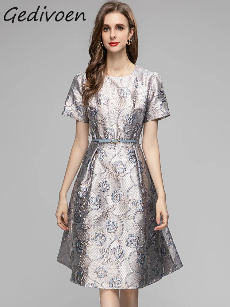 

Gedivoen Summer Fashion Runway Silver Vintage Jacquard Dress Women Round Neck Short Sleeve Sashes Gathered Waist Slim Midi Dress