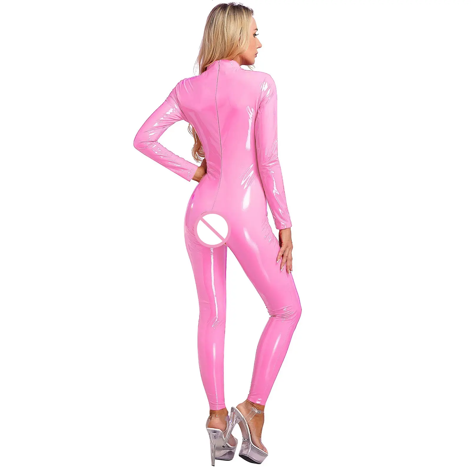 Kadınlar açık bardak lateks Catsuit Patent deri Crotchless tulum Bodysuit kolsuz sıska tulumlar oymak