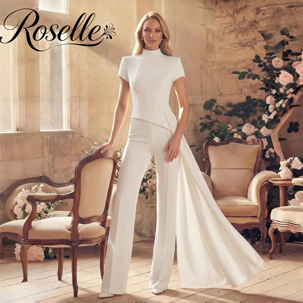 Elegant High Collar Wedding Jumpsuits Women 2026 Short Sleeves Floor Length Bridal Gowns Simple Customized Vestido De Novia