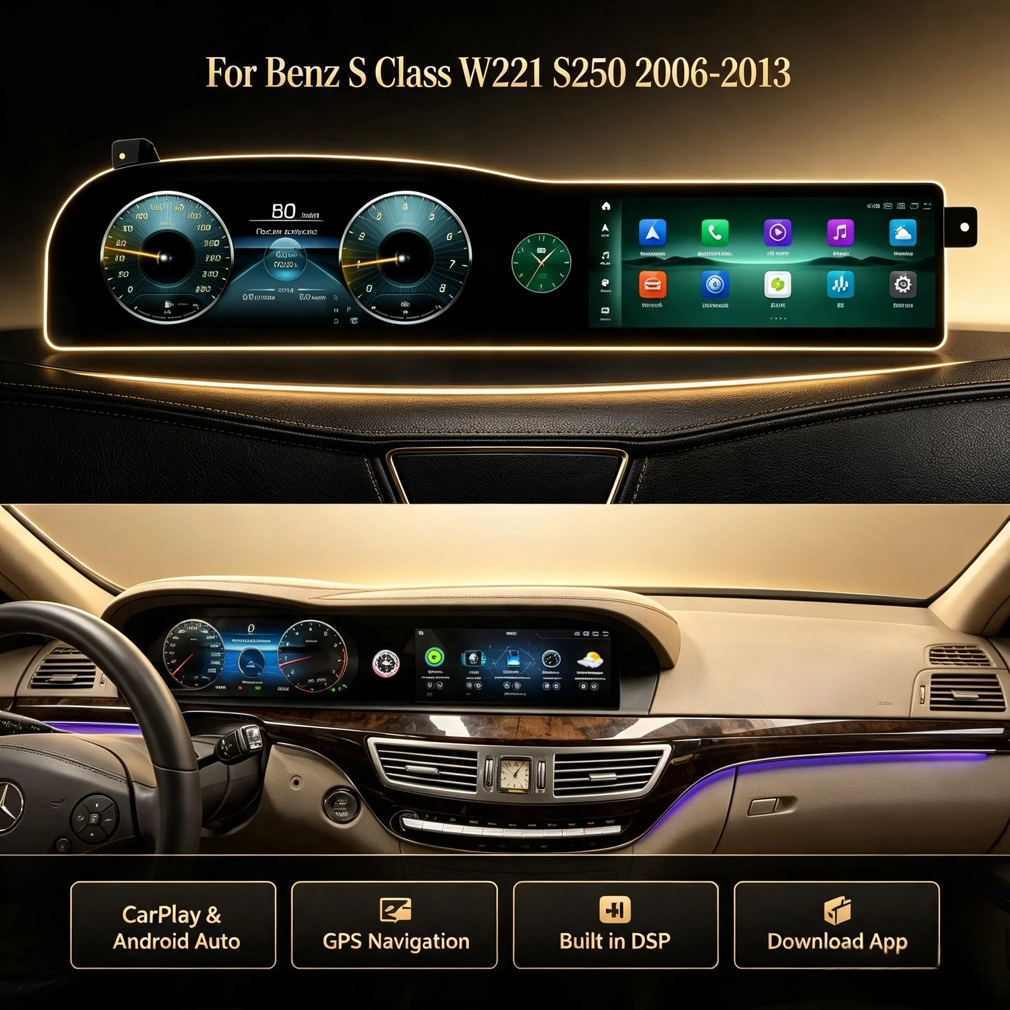 MZ 3-in-1 Integrierter LCD-Doppelbildschirm für Benz S-Klasse W221 S250 2006-2013 Carplay Android Videoplayer GPS Autoradio Multimedia