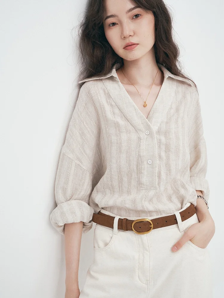 

UMILAB Colette Linen Hollow out Embroidery Stand Collar Pullover irt Women's Summer Faion Breathable Long Sve Top