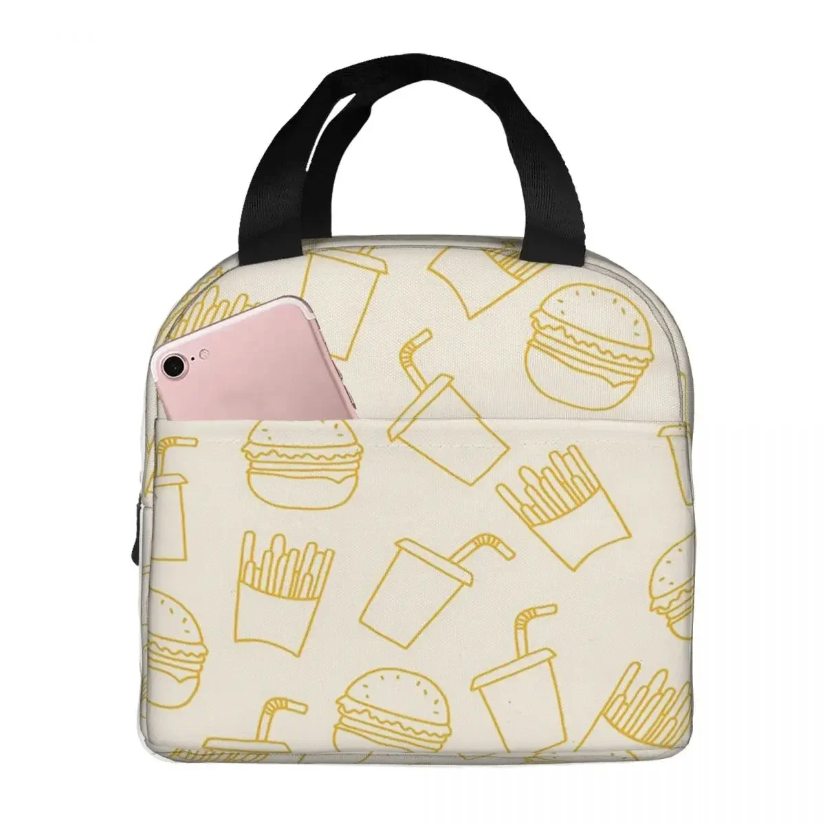 Hamburger Pattern Lunch Bags Portable Insulated Oxford Cooler Burger Fast Food Thermal Picnic Lunch Box for Women Girl