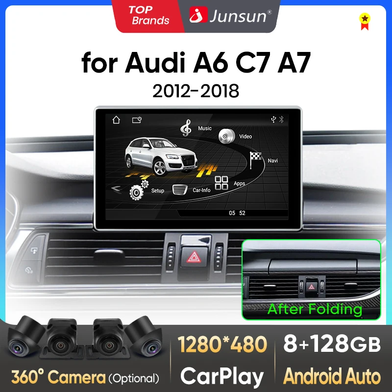 Junsun pantalla plegable inalámbrica CarPlay Andorid Auto Radio de coche para Audi A6 C7 A7 2012-2018 sistema inteligente de navegación estéreo