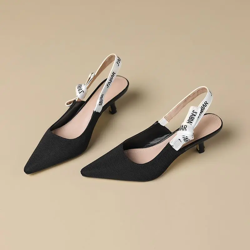 

New Versatile Cat Heel Letter Sandals Women's Bag Head Thin Heel Back Empty Shallow Mouth High Heels Sandals