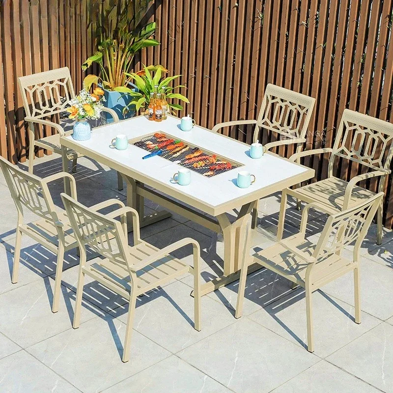 Вилла для отдыха, терраса, барбекю, стол и стулья для улицы, открытый двор, имитация древесины, длинное