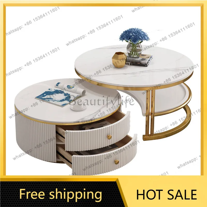 PG Italian minimalist living room rock slab round high and low coffee table modern small apartment light luxury size round