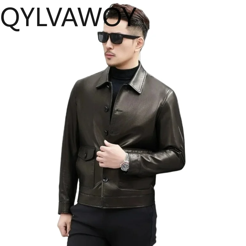 QYLVAWOY Genuine Goatskin Leather Coats for Man High Quality 100% Real Leather Jacket Men Short Lapel Outerwear jaqueta de couro
