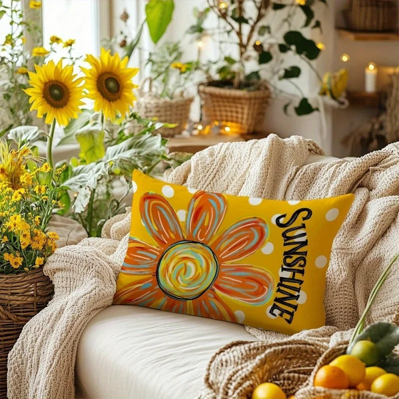 VIKAMA Sunshine Daisy Pillow Cover Yellow Polka Dot Flower Decorative Cushion Case for Sofa Bedroom Living Room Home Decor