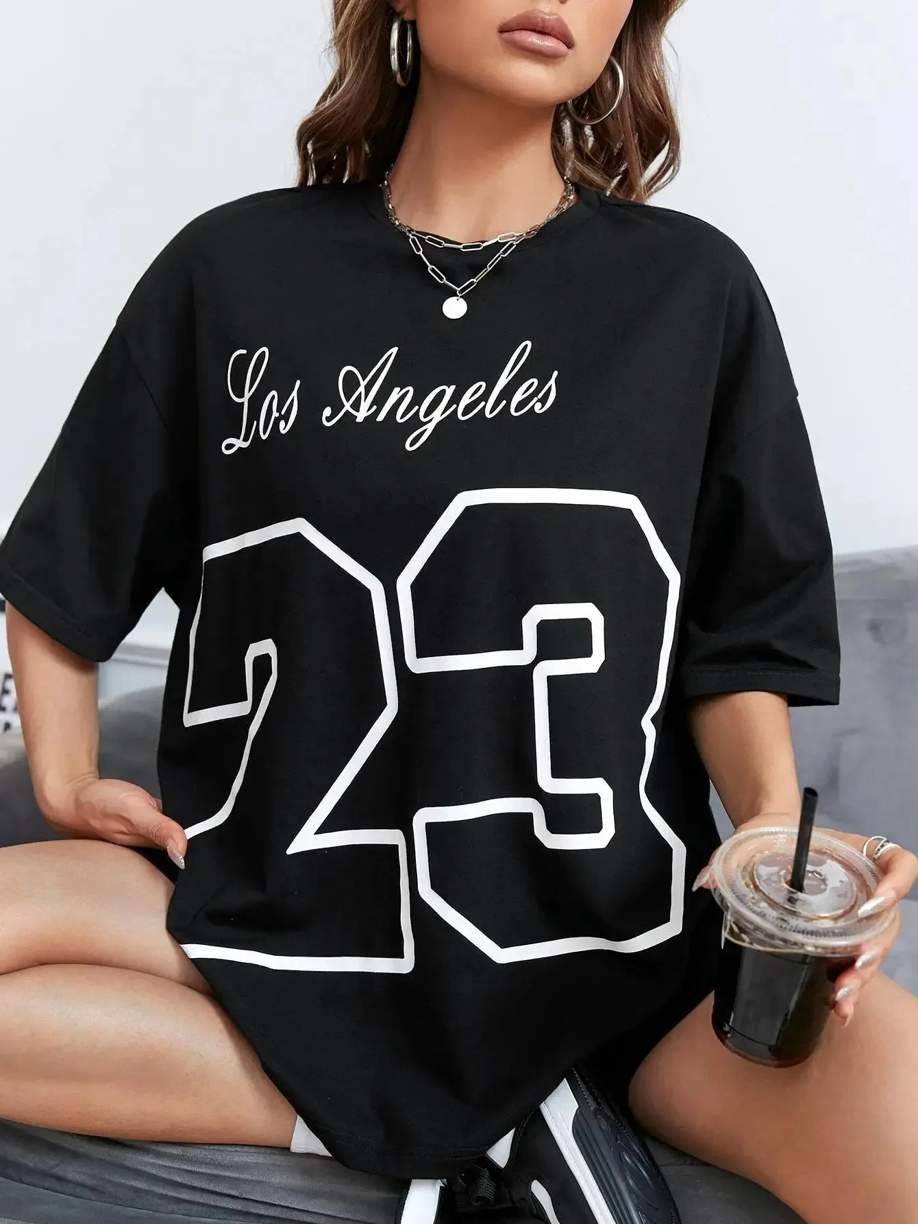 Black And Blue Cotton Simple Letter 23 Short-Sleeved T-shirt Women Men Summer Oversize Casual Comfort Loose Half-sleeved T-shirt