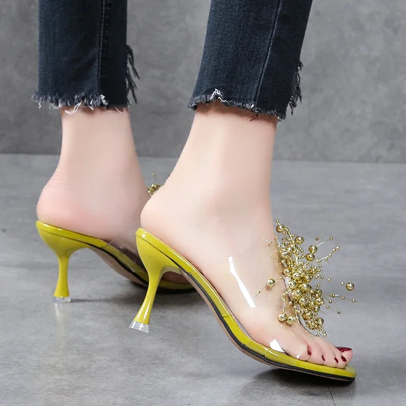 Shoes Female 2024 Modern Women's Slippers Fashion Dress Slippers Women String Bead Square Toe Thin Heels Plus Size Shoes Ladies