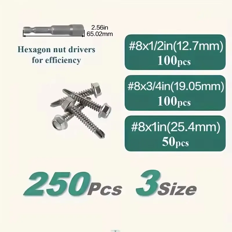 250 قطعة من مسامير سداسية من الفولاذ المقاوم للصدأ ذاتية الحفر | مجموعة براغي متأخرة متنوعة في الصندوق - DIY عبر الحدود، البناء #2