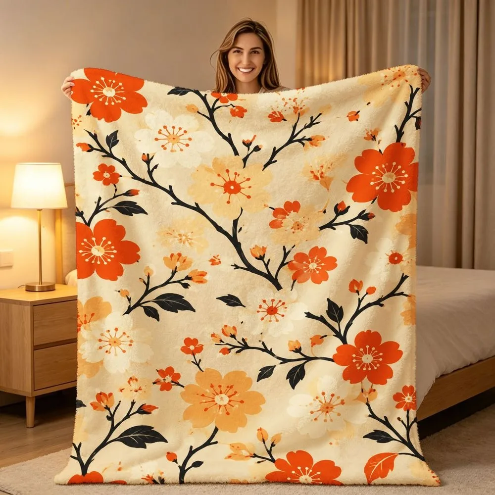 Vintage Bird Floral Throw Blanket Red Cardinal Wild Blossom Foliage Print Soft Warm All Season Blanket for Sofa Couch Bedroom