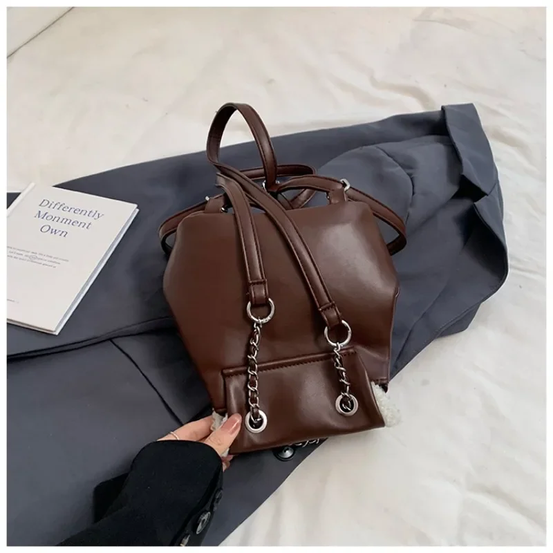 Solid Color Quality PU Plush Trimmed Fashion Backpack with Chain Flip Hand Bag 2024 Hot Sale Bags for Women Bolsas Femininas