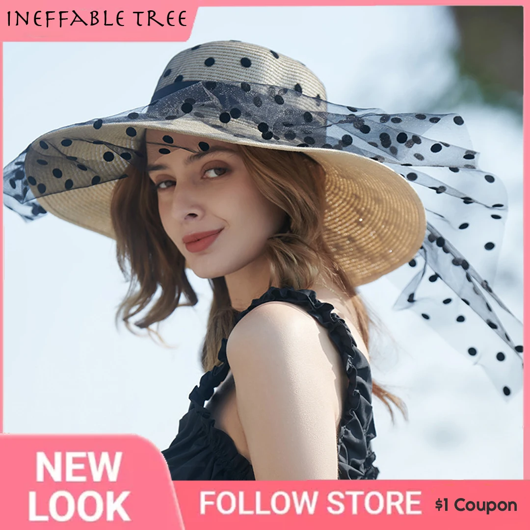 Straw Hat Oversized Beach Hats Women Summer Wide Brim Dots Gauze Lace Cover Face Korean Fashion Black Visor Hat Luxury Gorras