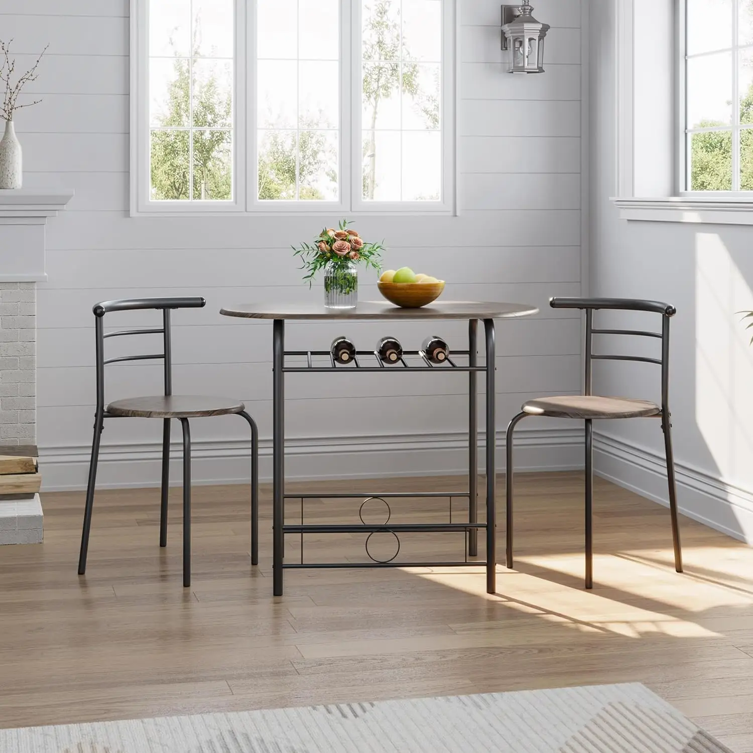 3 Piece Dining Table Set, Kitchen Table & Chair Sets for 2, Compact Bistro Table Set with Steel Legs, Built-in Wine Rack