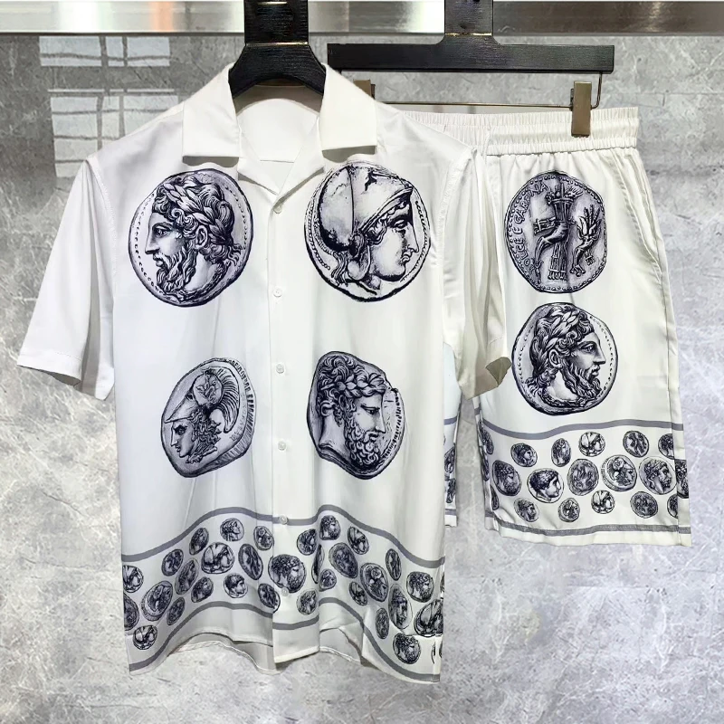 

Men Lapel Artistic Portrait Print Beach Shirt+Short Summer Vintage Hawaiian Shirt Hip Hop Short Sleeve Set Button Down Shirt