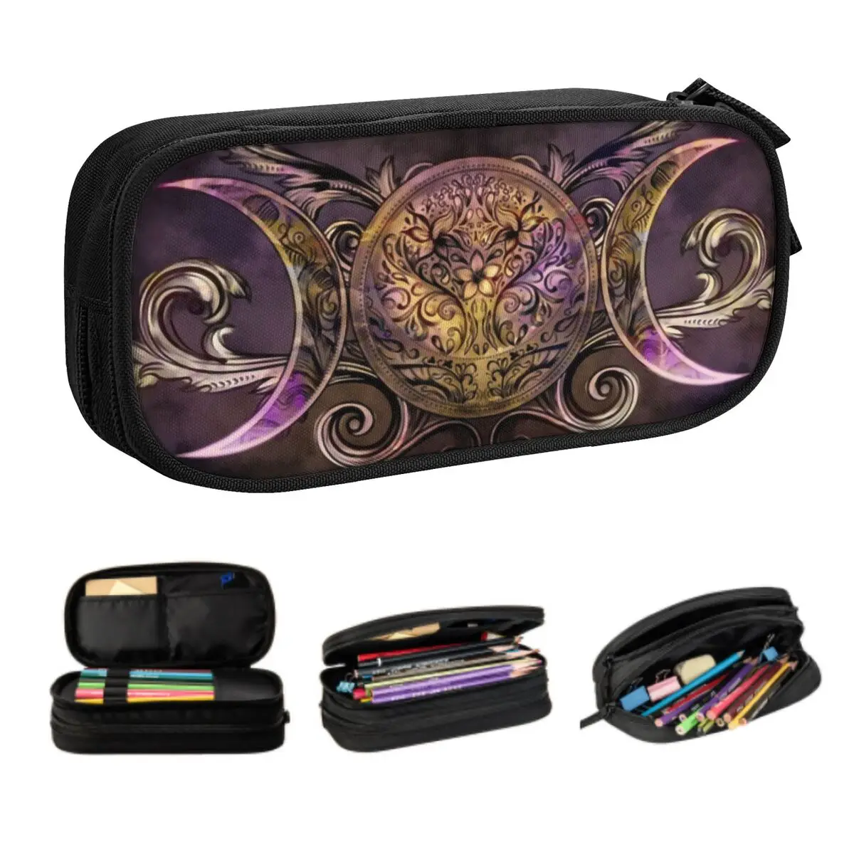 Чехол-карандаш Triple Moon Goddess Midnight Shimmer для мальчиков и девочек, большая вместительная сумка для языческой викканской ручки, коробка, школьные аксессуары