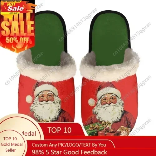 Christmas Santa Claus Holding Gifts Slippers Mens Womens Home Cotton Plush Bedroom Keep Warm Custom Thermal Lightweight Slipper