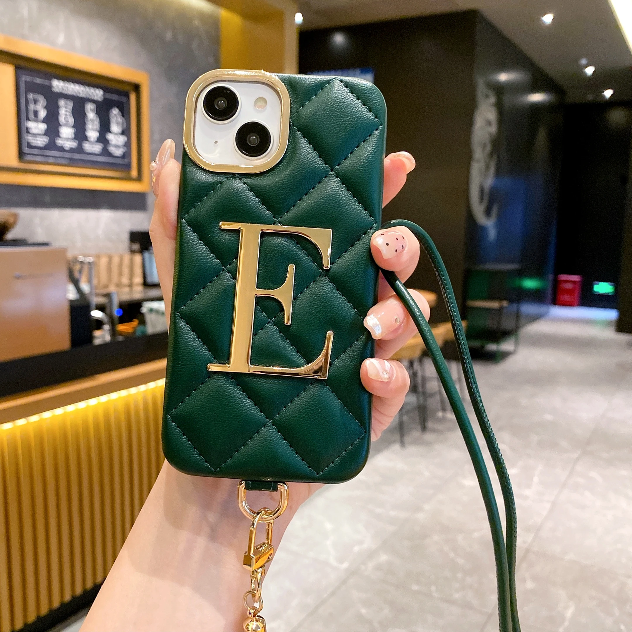 Customized Name Leather Phone case crossbody lanyard for iPhone16 15 14 13 12 11Promax 16Plus gold initials Cover