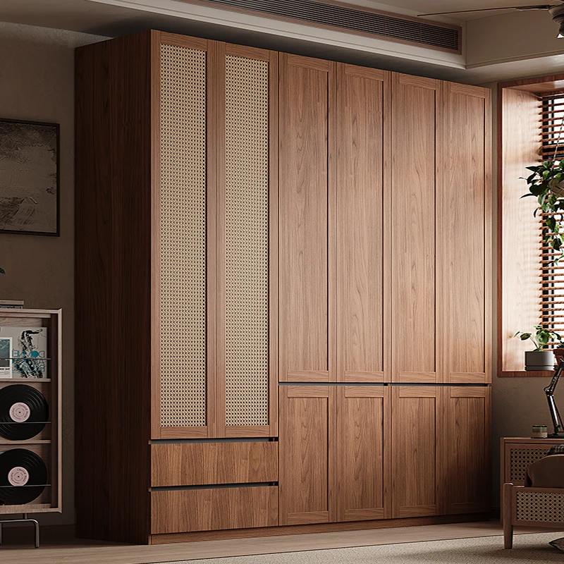 Rattan door wardrobe, antique walnut high-end free handle one door to the top segmented wardrobe storage cabinet