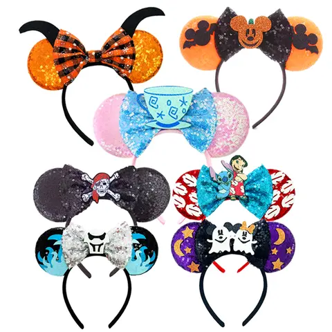 Halloween Mickey Mouse Ears Headbands Women Kids Party Hair Accessories Lilo Stitch Headband for Kids Sequins Bow Hairbands