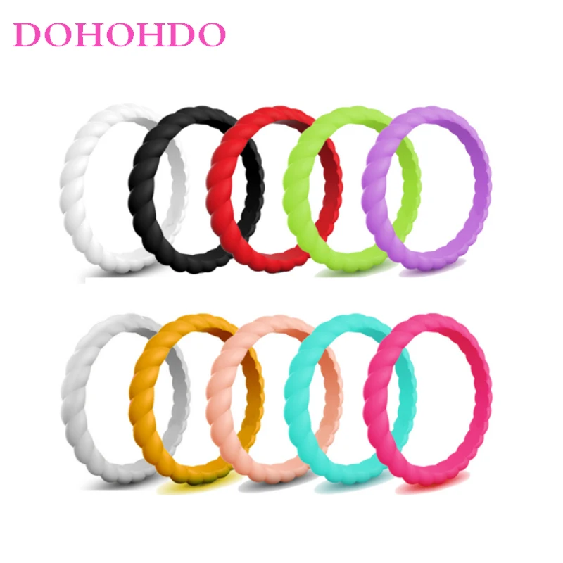 10 unids/lote 3mm anillo de silicona trenzado fino para mujer bandas de goma deporte hipoalergénico Crossfit anillos de dedo de silicona tejidos flexibles