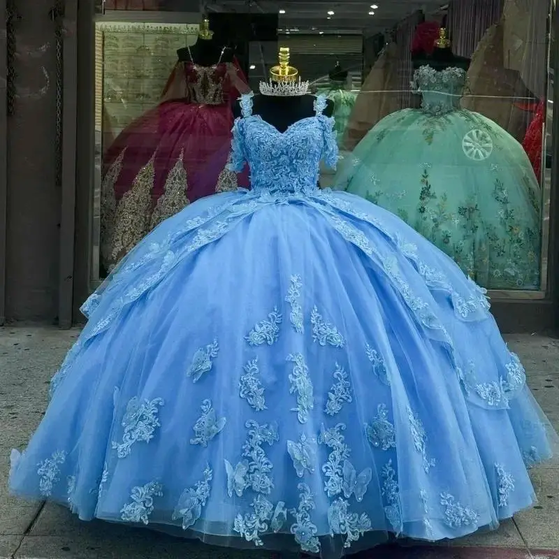 Vestidos De quincenara De mariposa azul cielo, apliques De cuentas De encaje, dulce 16 vestido De graduación, Vestidos De 15 Años personalizados