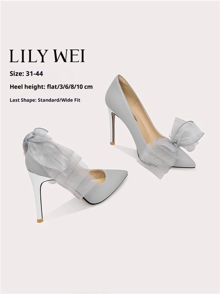 

Stiletto high heels autumn pointed toe asymmetric mesh bow flat shoes banquet large size small size widened version women's shoe
