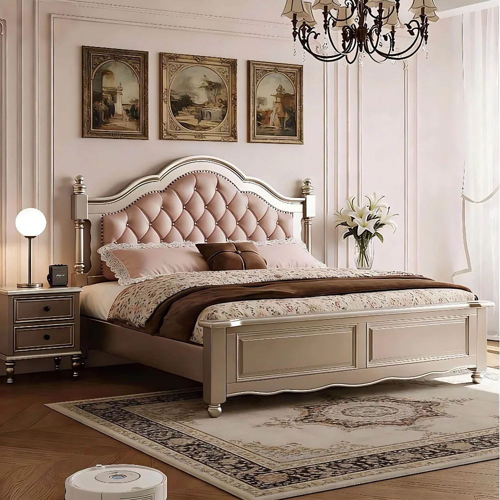 American Light Luxury Solid Wood Master Bedroom Bedside Soft Bag Princess Bed 1.8m Double French Pink Wedding Bed