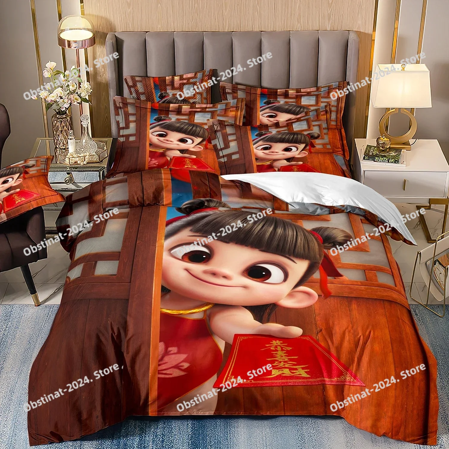 

HD Print Animation Ne Zha Quilt cover,Ne Zha 2 Bedding Set Single Twin Full Queen King Size Bed Set Adult Kid Bedroom Duvetcover