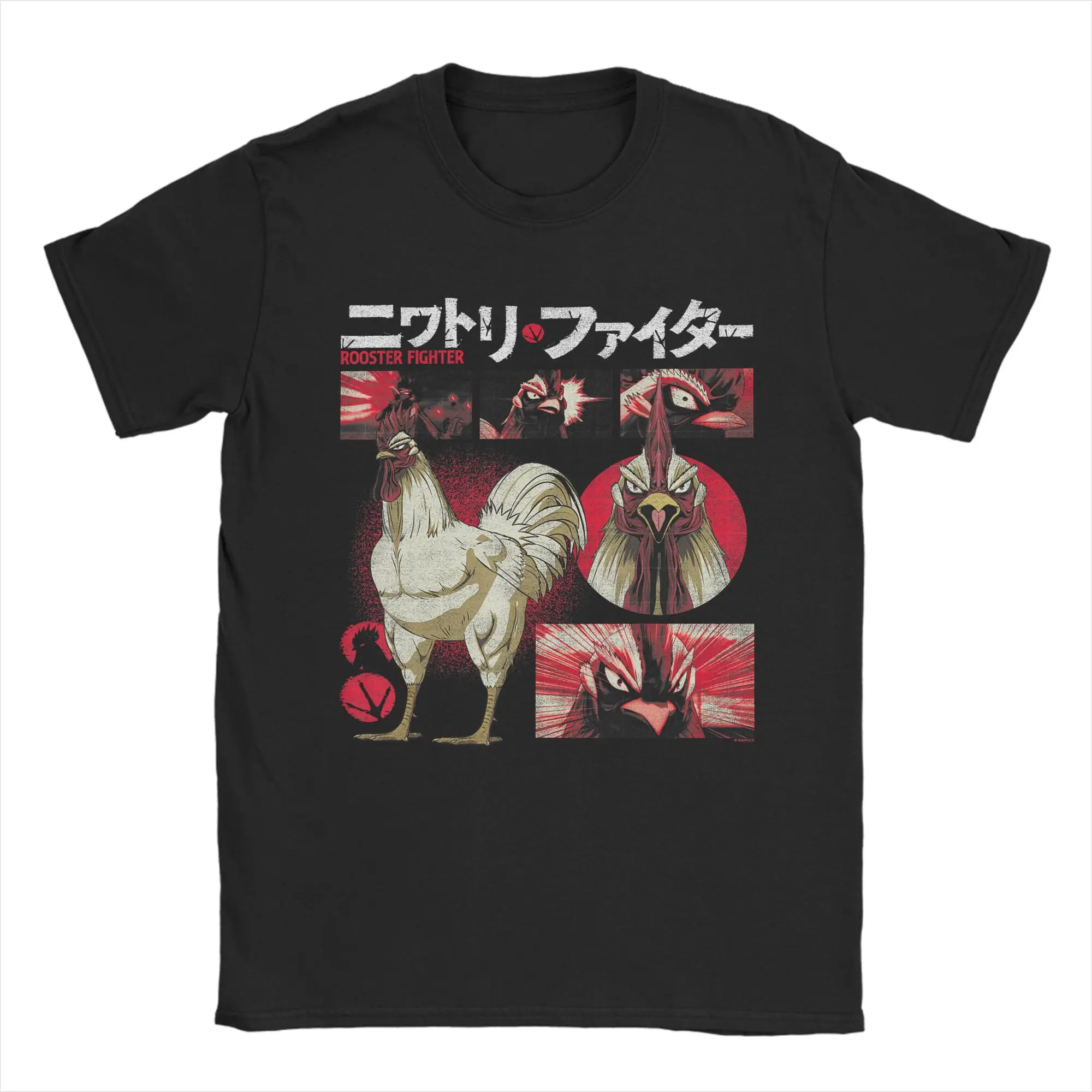 Rooster Fighter Keiji Collage Red Tone Action Anime T Shirt Men Cotton T-Shirt O Neck  Tees Short Sleeve Clothes Gift Idea
