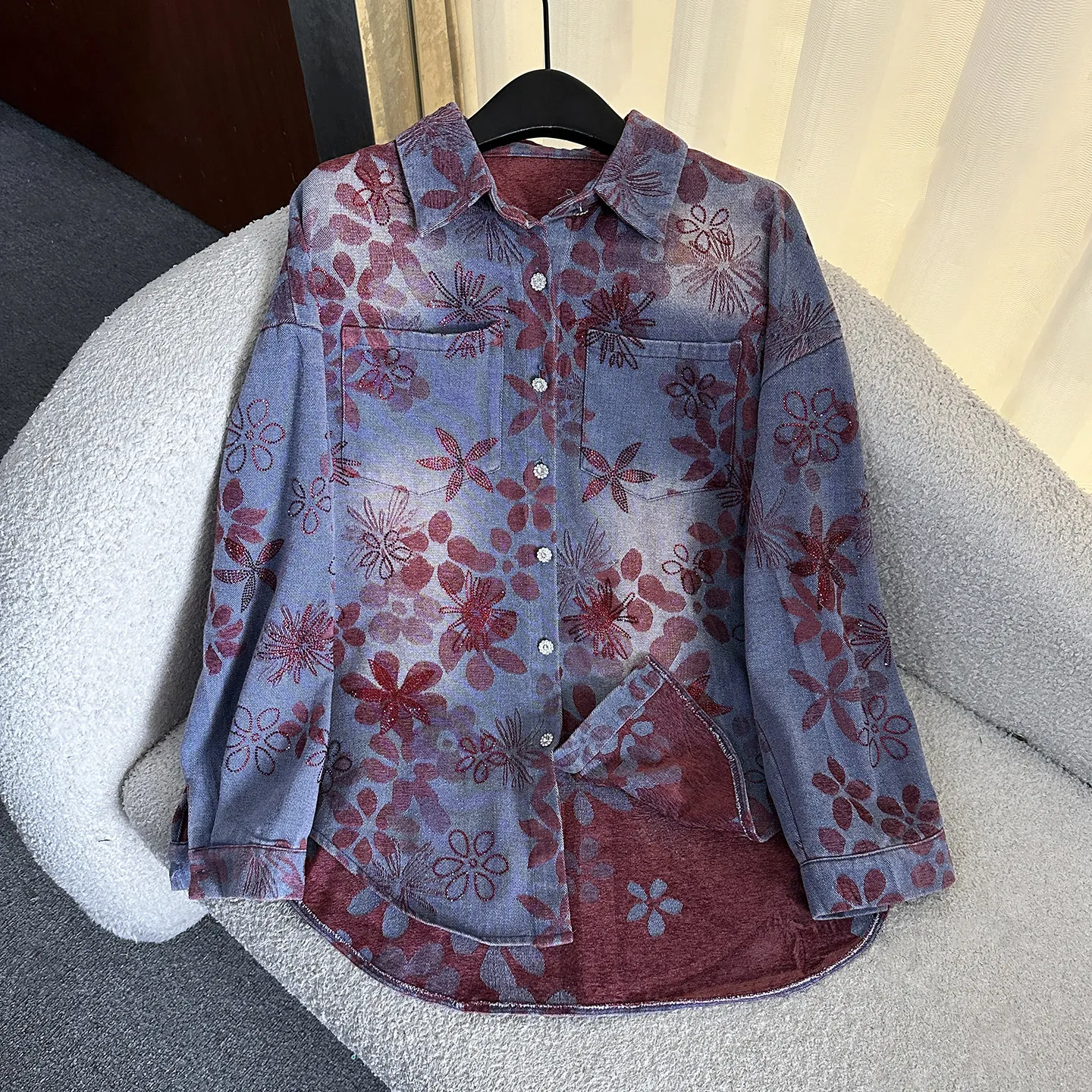 2025 Autumn Heavy Industry New Floral Rhinestone Tie-Dye Long Sleeve Denim Shirt Jacket for Women, Loose Casual Style Top Coat view 2